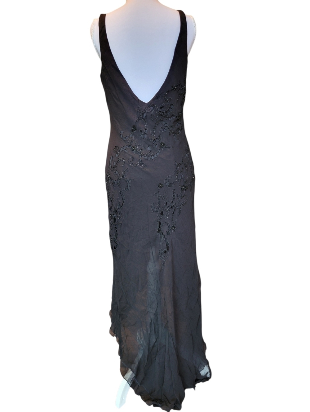 Vtg 90s Y2K Marina 100% Silk Black Beaded Vneck Asymmetrical Hem Evening Dress - Picture 5 of 10